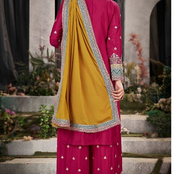 Wedding Party Wear Vibrant Pink Multicolor Mirror Embroidered Palazzo Suit - Picture 3 of 4
